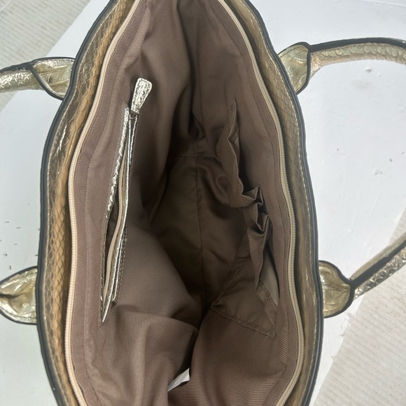 London Fog Gold Metallic Linen Snakeskin Tote Large Bag Purse Preppy Chic Summer - Picture 12 of 14